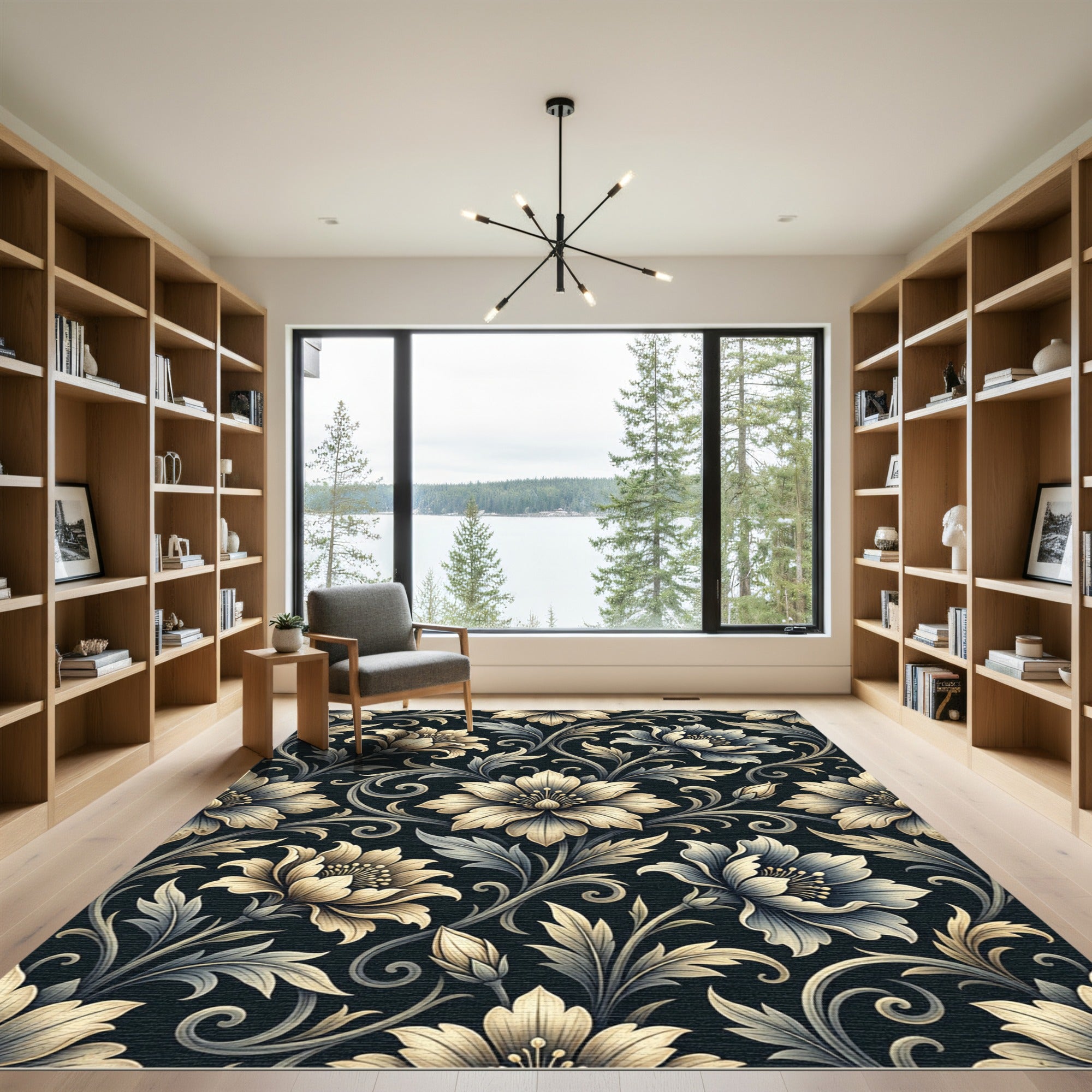 Elegant Ivory Floral Midnight Botanical Rug