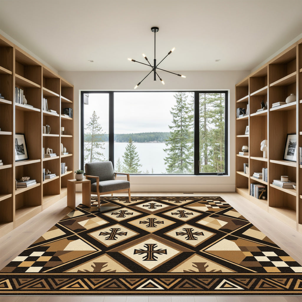 Earthy Brown Geometric Cross Diamond Rug