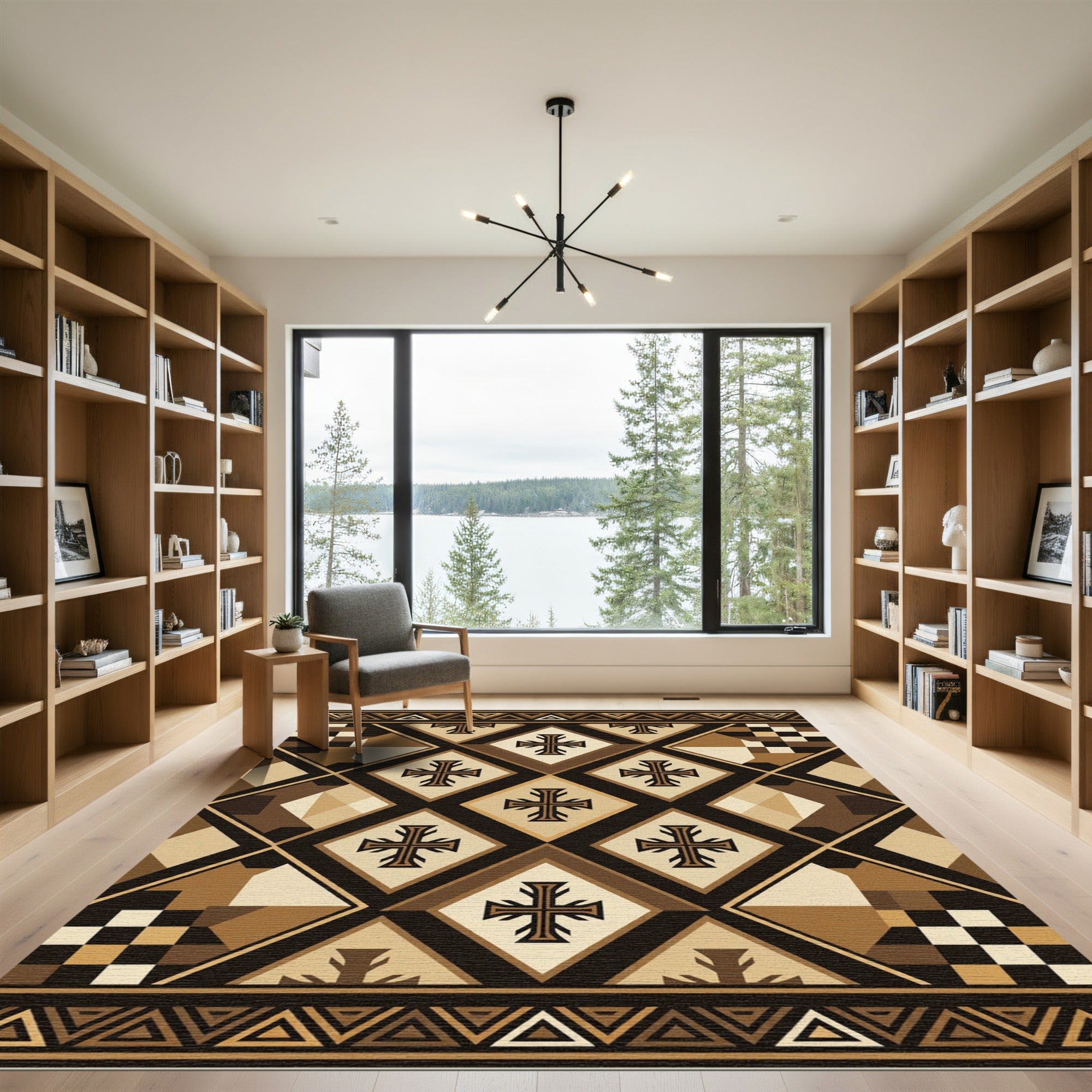 Earthy Brown Geometric Cross Diamond Rug