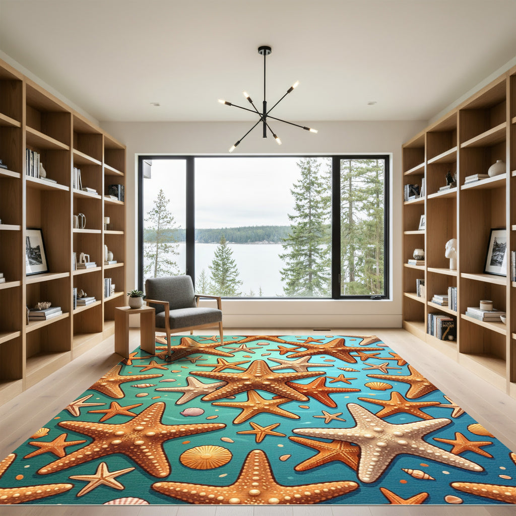 Coastal Starfish and Seashell Aqua Ocean Rug