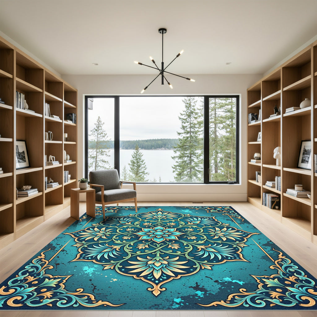 Azure Floral Medallion with Golden Accents Rug