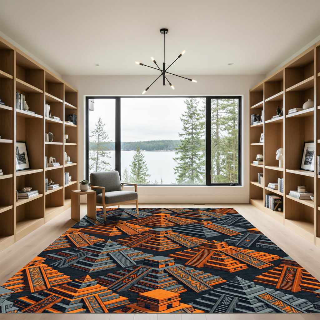 Isometric Orange and Gray Temple Pyramid Rug