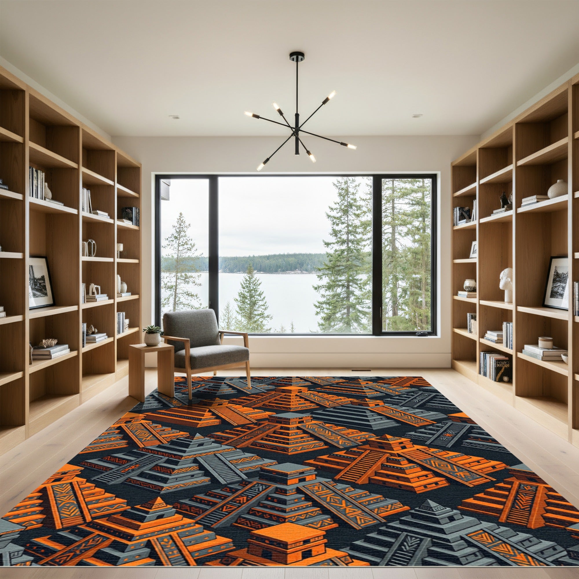 Isometric Orange and Gray Temple Pyramid Rug