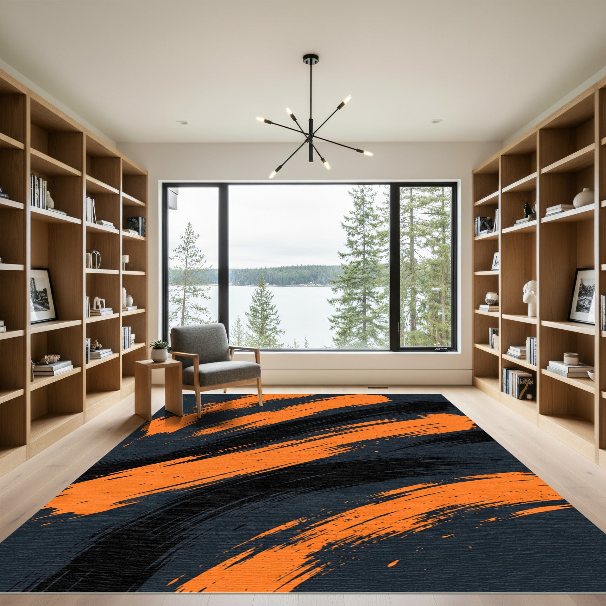 Bold Orange and Black Abstract Brushstroke Rug