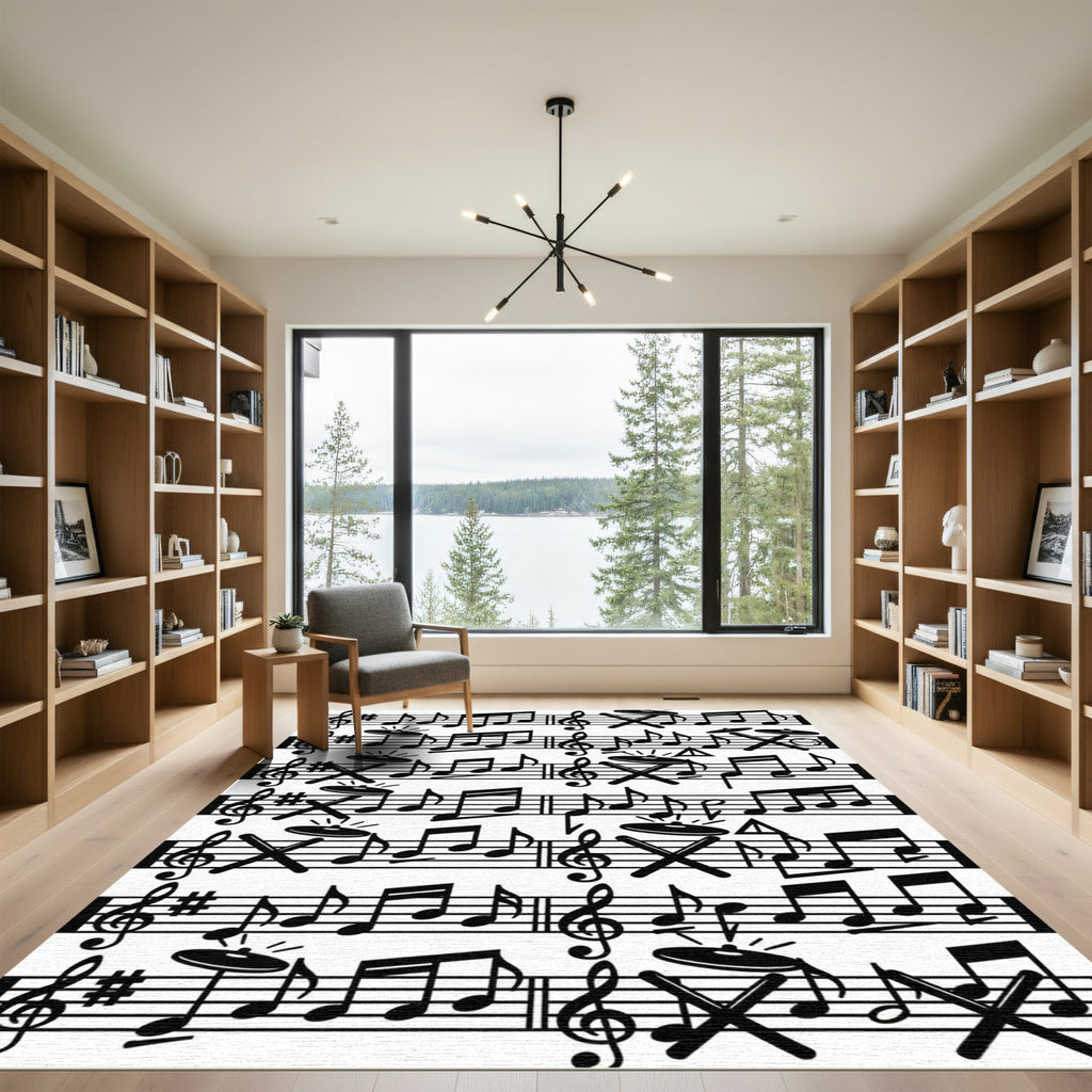 Monochrome Abstract Musical Sheet Drum Composition Rug