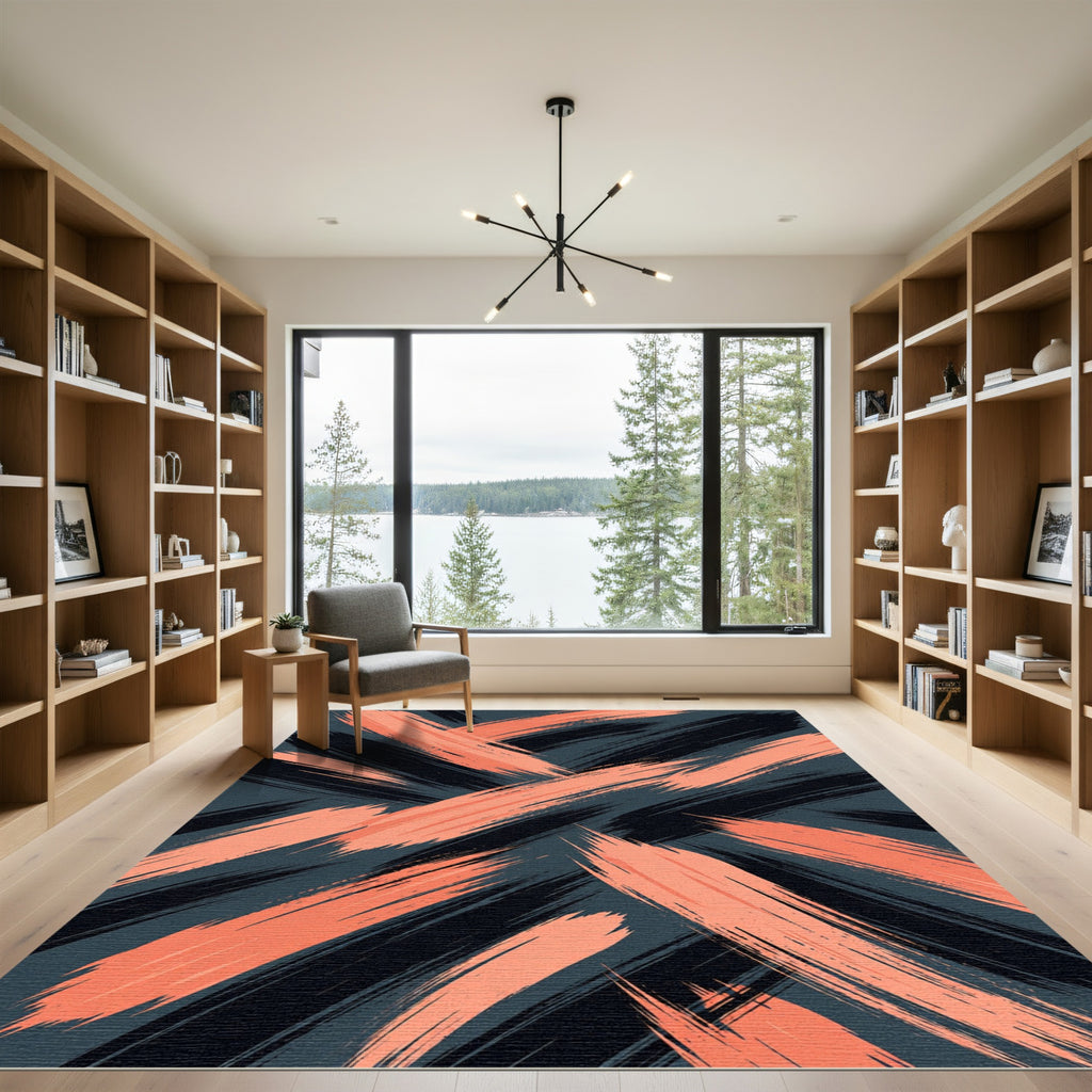 Bold Coral and Charcoal Brushstrokes Rug