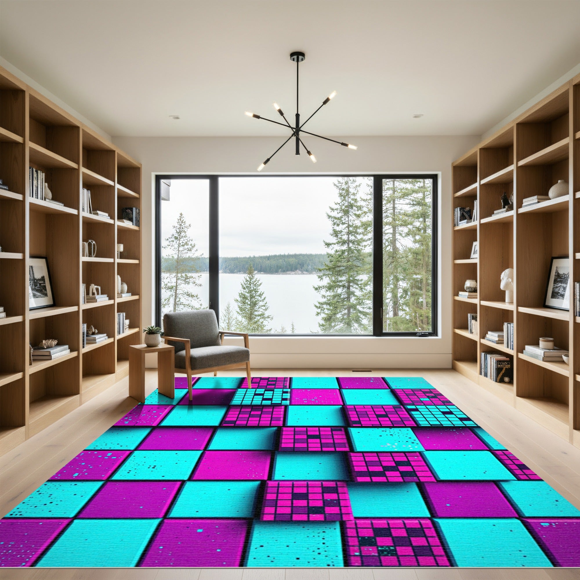 Neon Pixel Grid Abstract Mosaic Rug