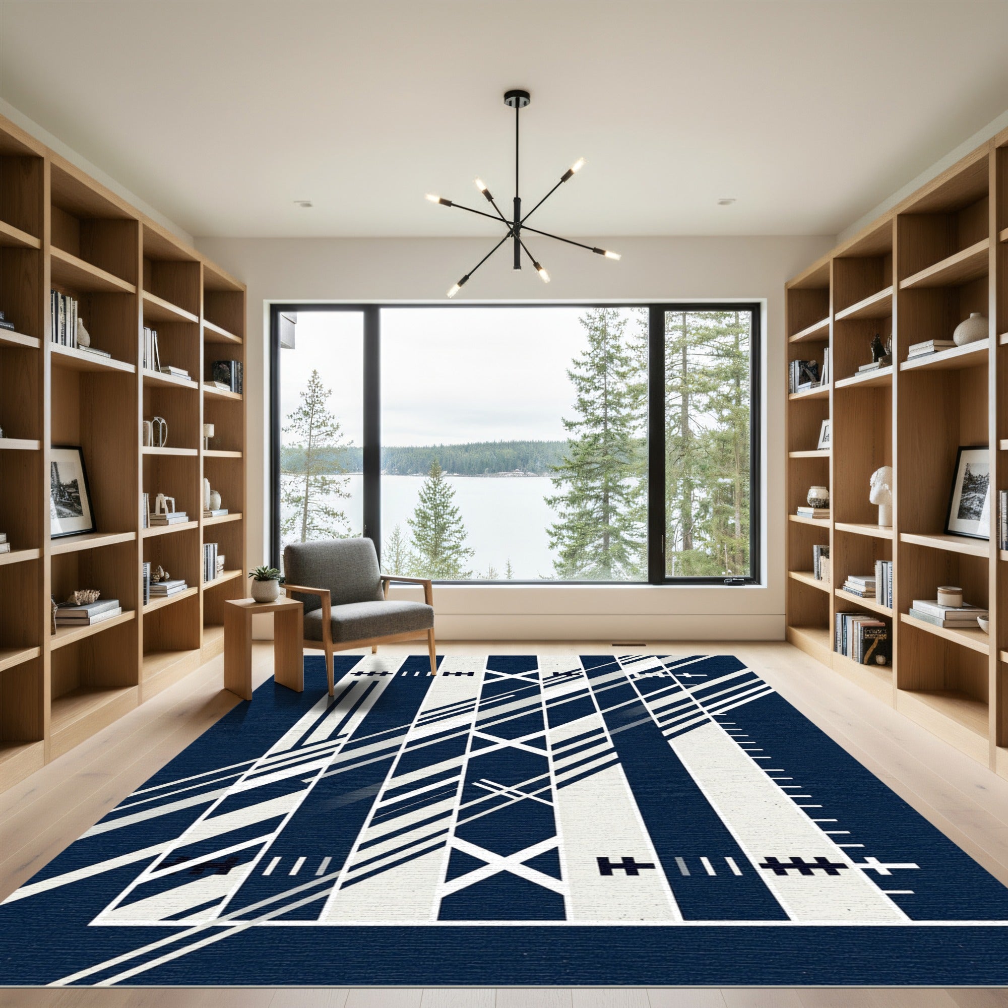 Minimalist Navy Dark Geometric Linear Rug