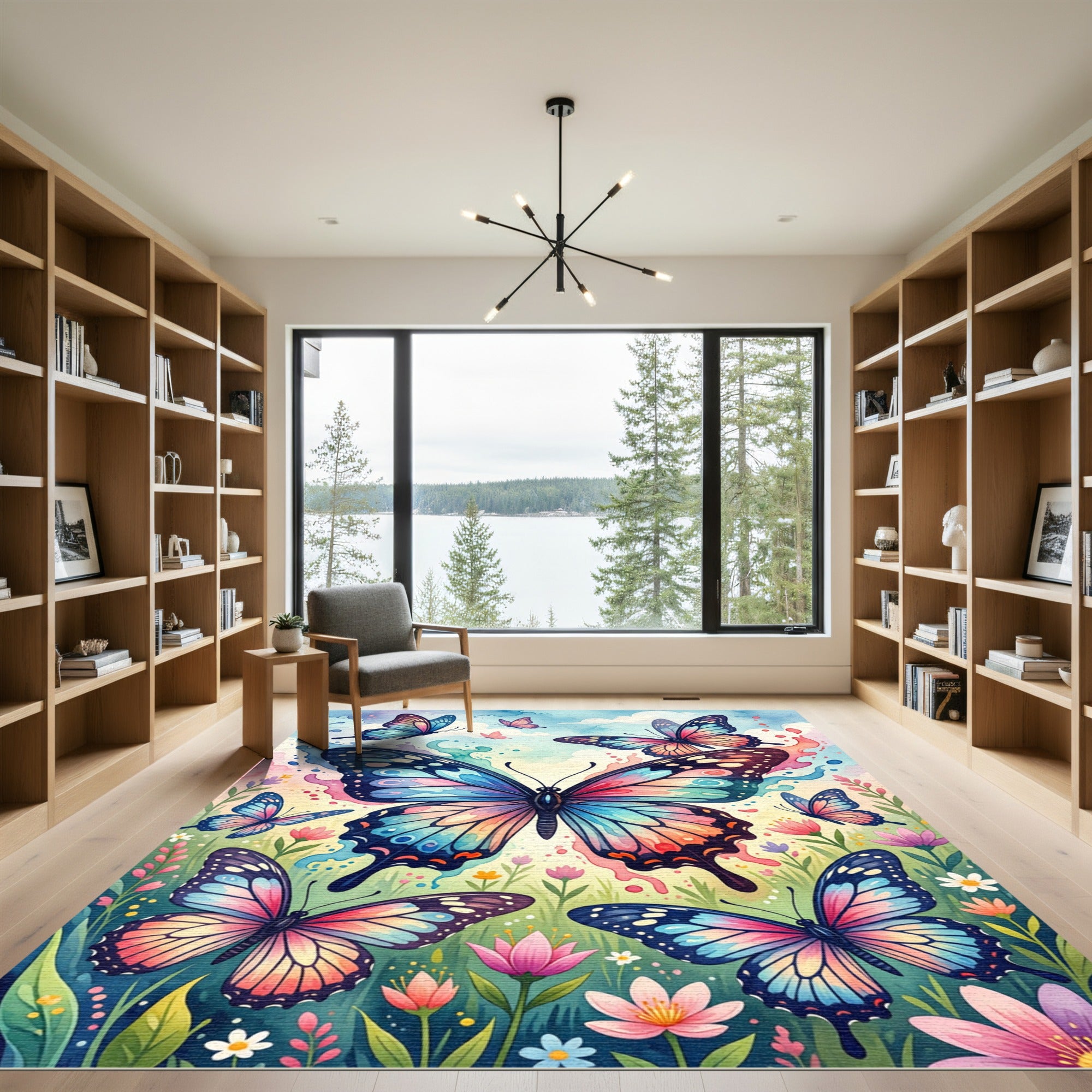 Whimsical Watercolor Butterfly Garden Art Rug