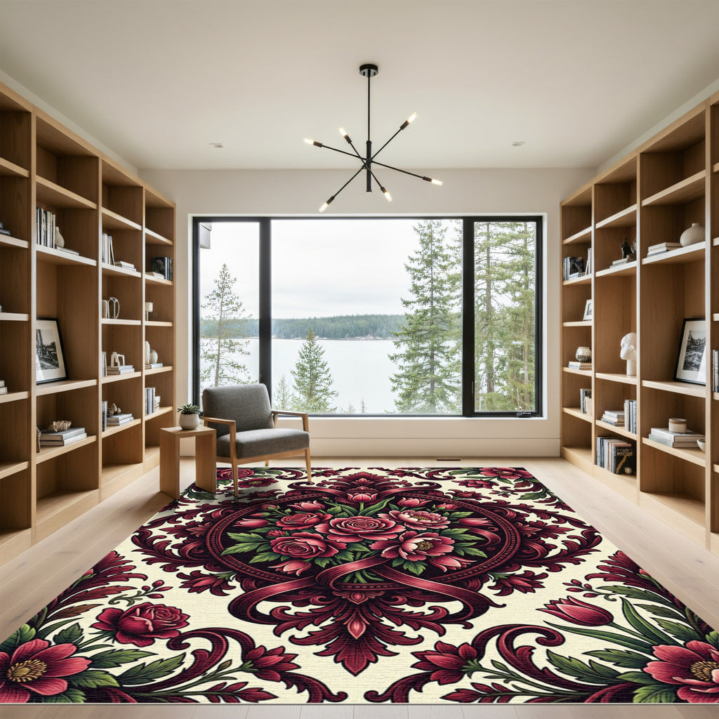 Elegant Burgundy Rose Floral Medallion Rug