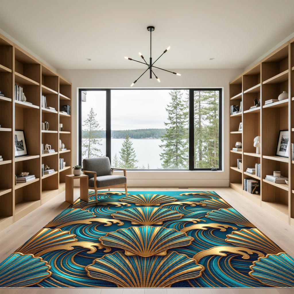 Golden Seashell Teal Wave Art Deco Rug