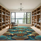 Golden Seashell Teal Wave Art Deco Rug
