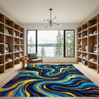 Luxurious Gold And Navy Marble Swirl Rug