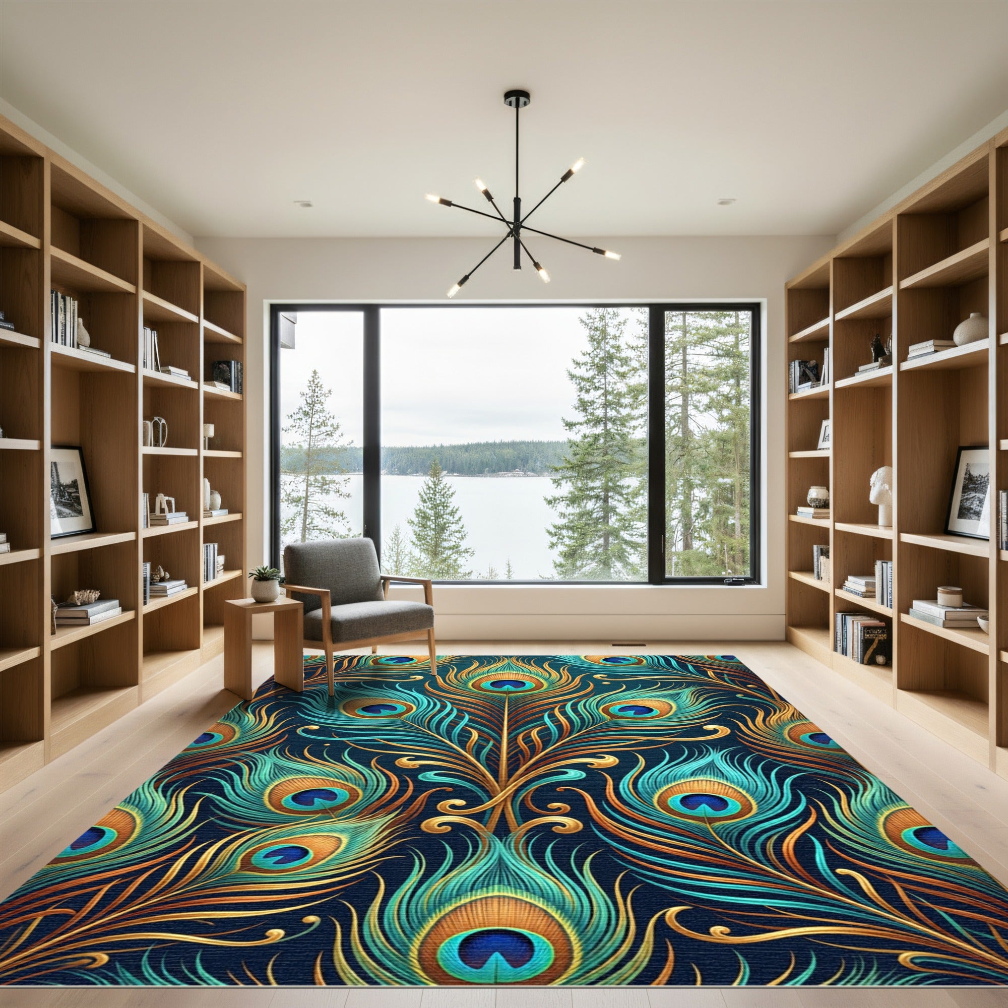 Exotic Teal Gold Peacock Feather Medallion Rug