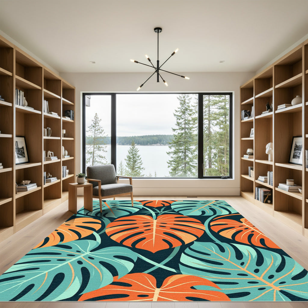 Bold Orange and Teal Monstera Leaves Rug