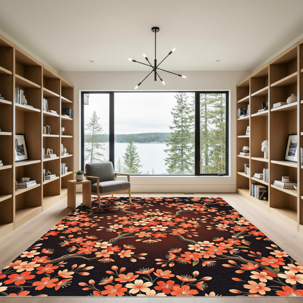 Coral Cherry Blossom Branch Arrangement Rug