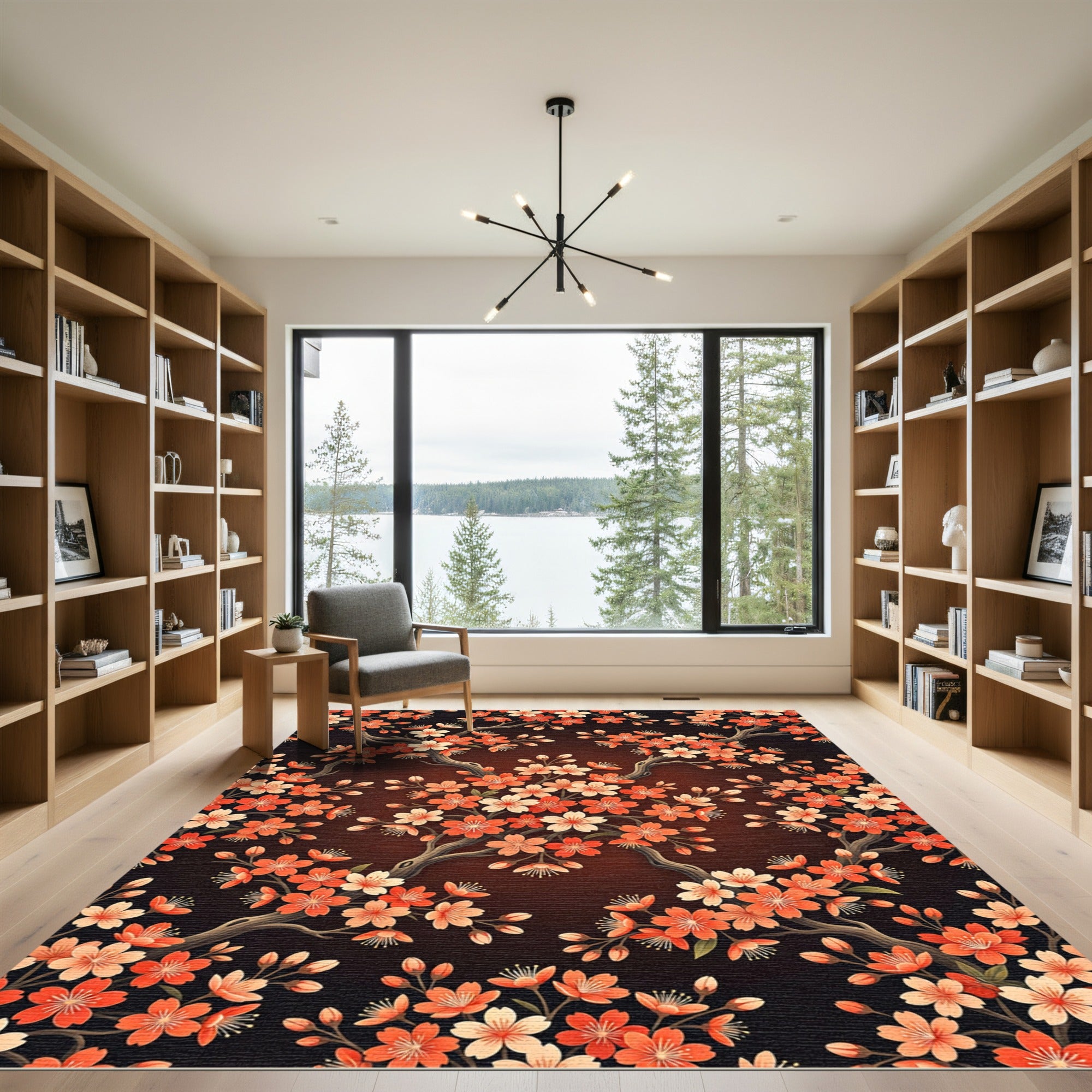 Coral Cherry Blossom Branch Arrangement Rug