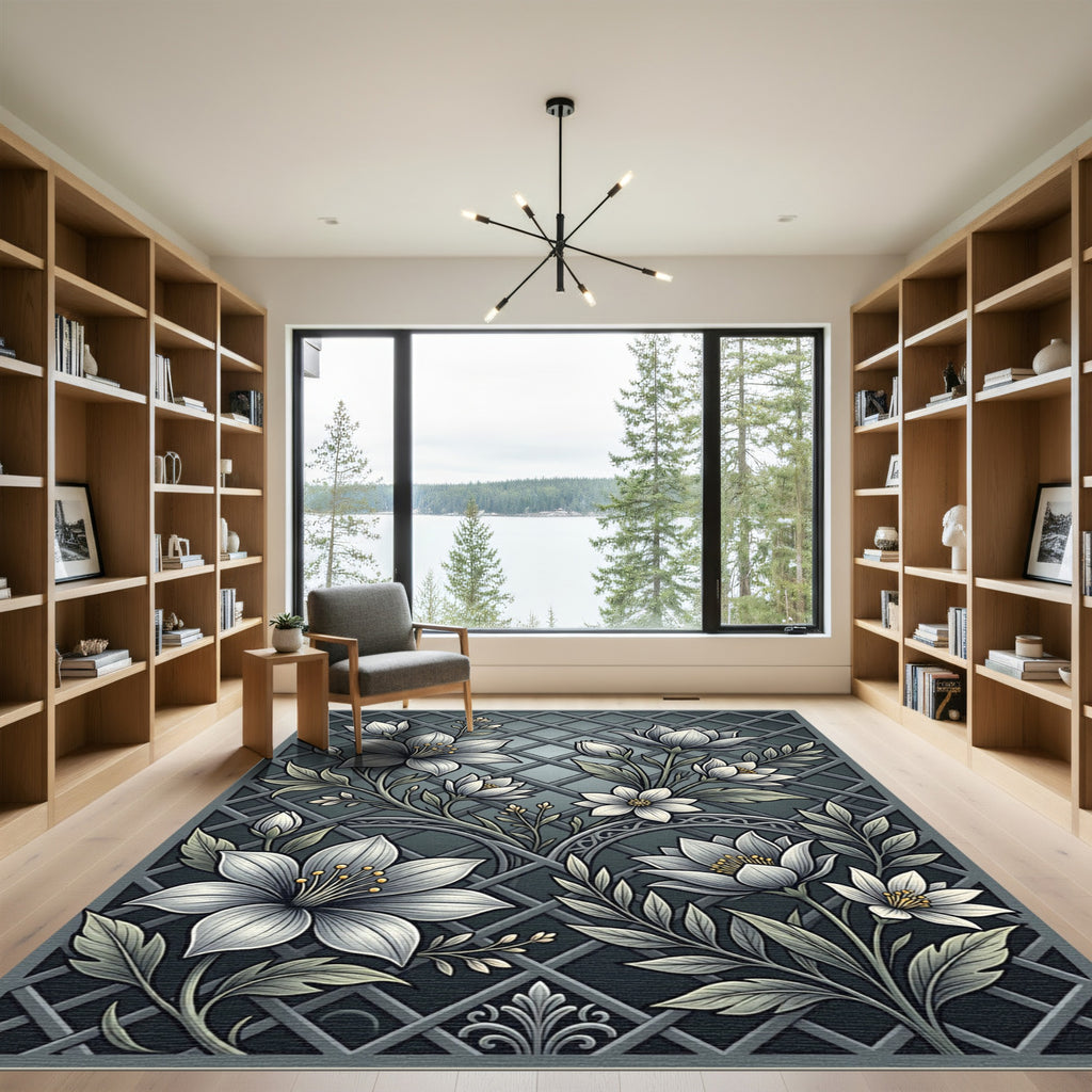 Gray Botanical Floral Lattice Rug