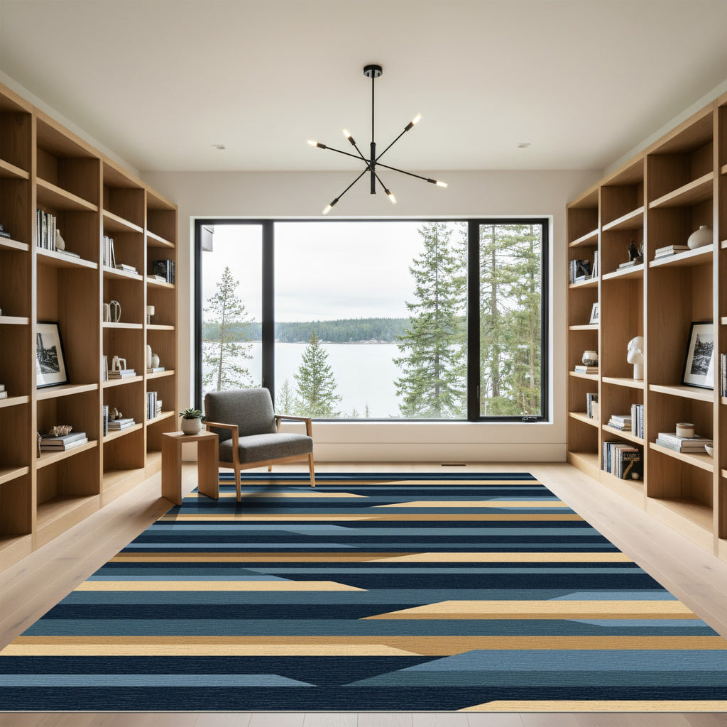 Modern Navy Blue Gold Stripe Rug