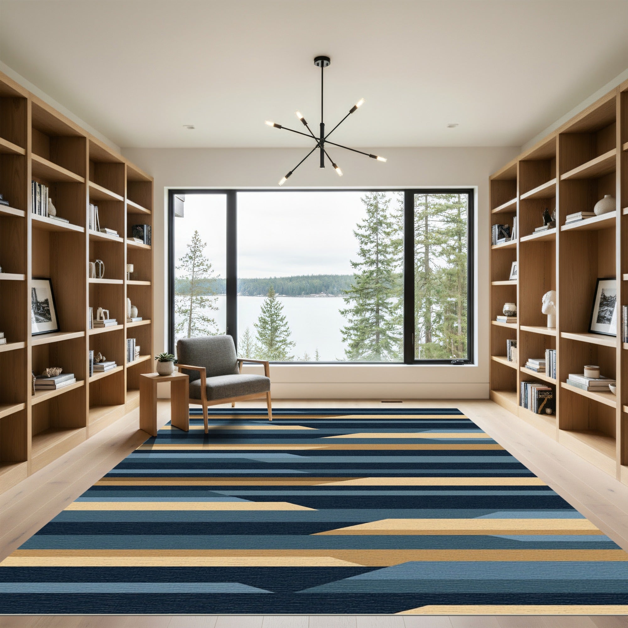 Modern Navy Blue Gold Stripe Rug
