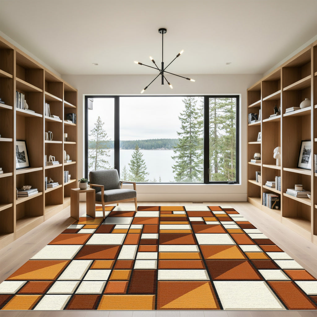 Mid Century Modern Ochre Brown Tile Rug