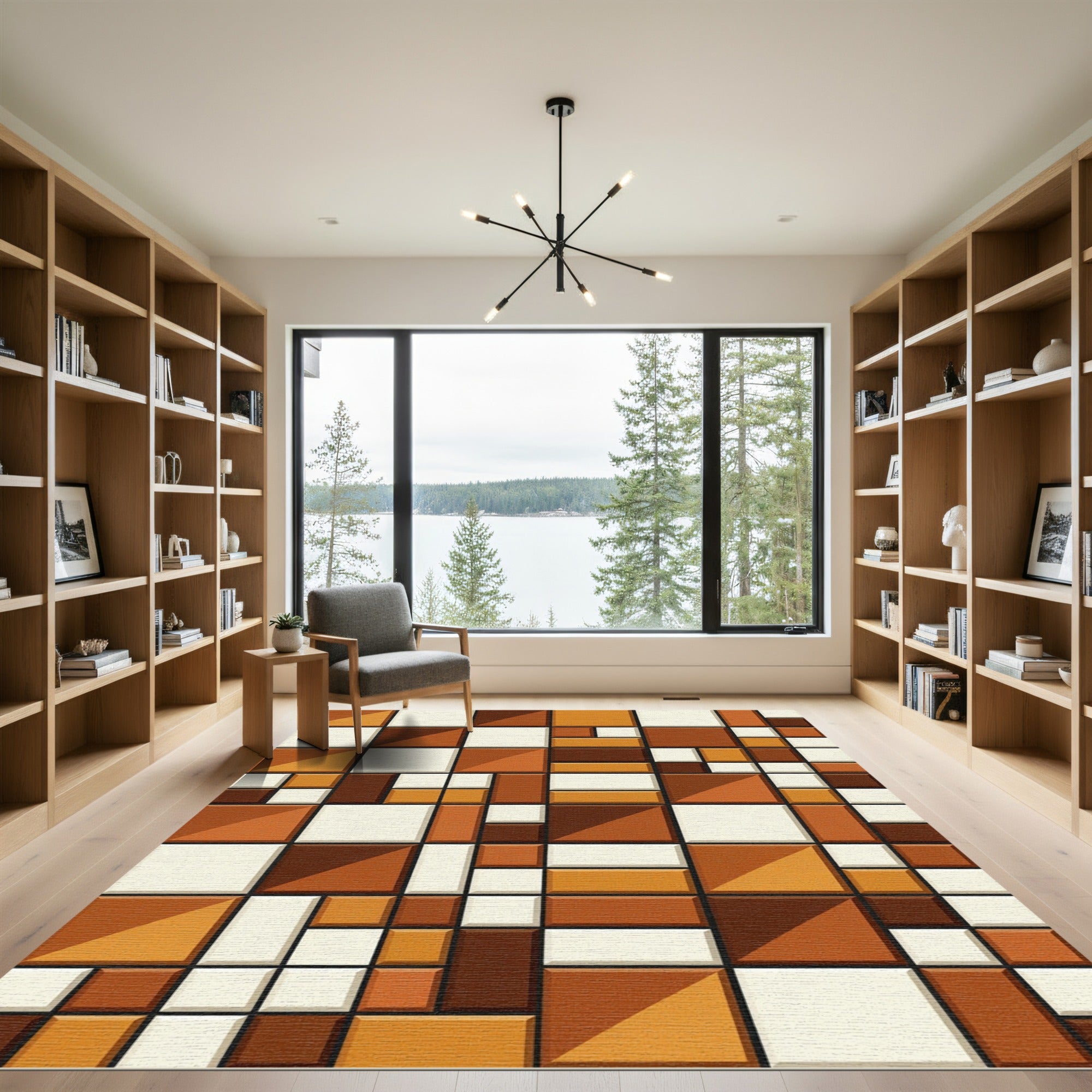 Mid Century Modern Ochre Brown Tile Rug