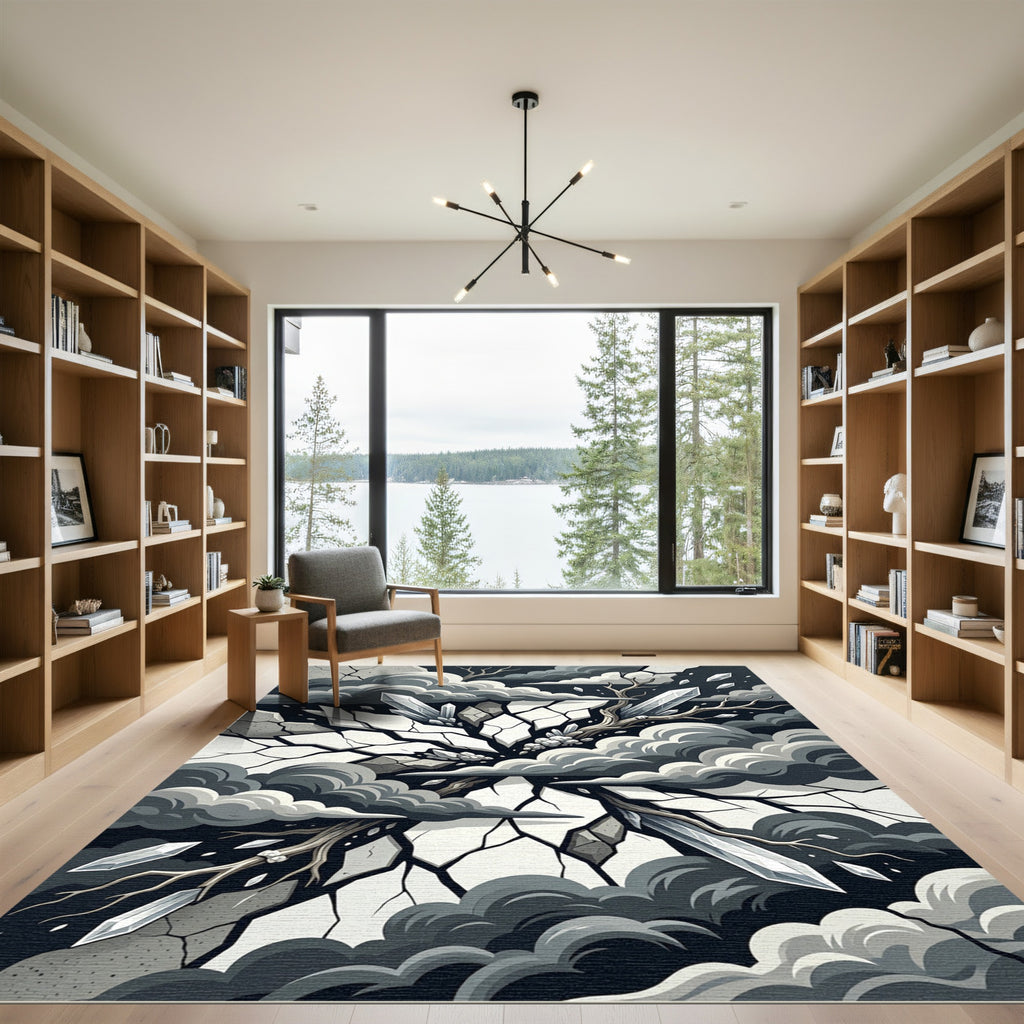 Monochrome Shattered Crystal Abstract Storm Rug