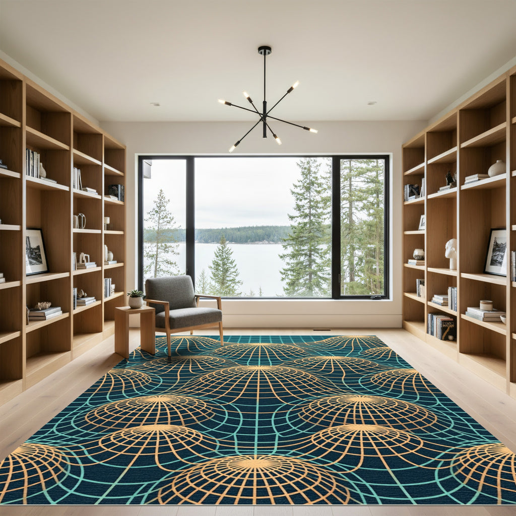 Teal Grid Topological Sphere Art Rug