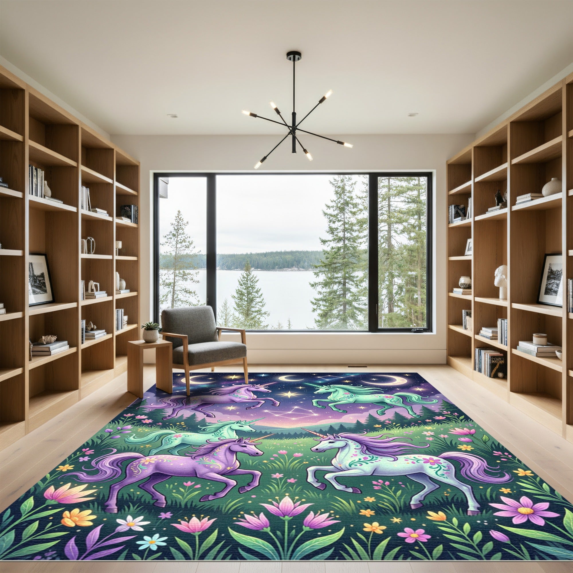 Whimsical Celestial Unicorn Starry Night Meadow Rug