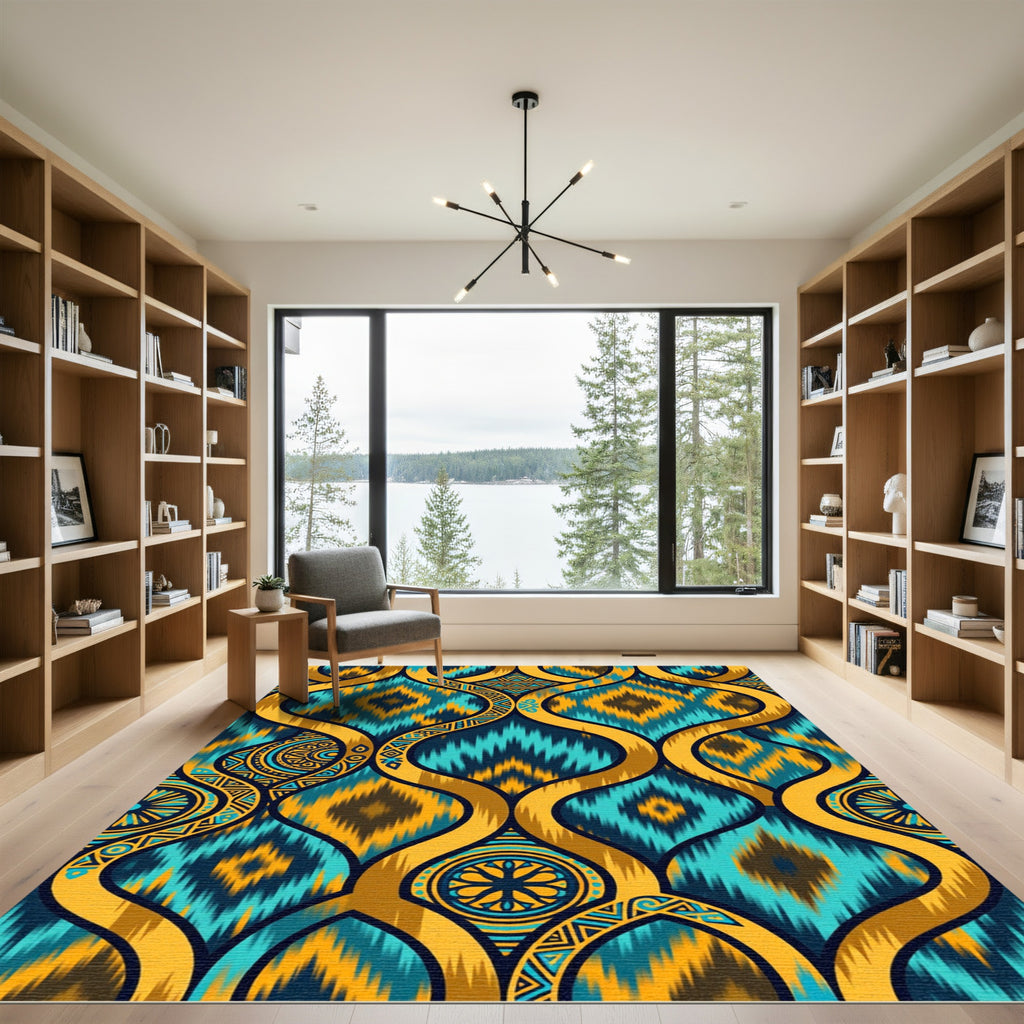 Teal Gold Abstract Geometric Lattice Rug