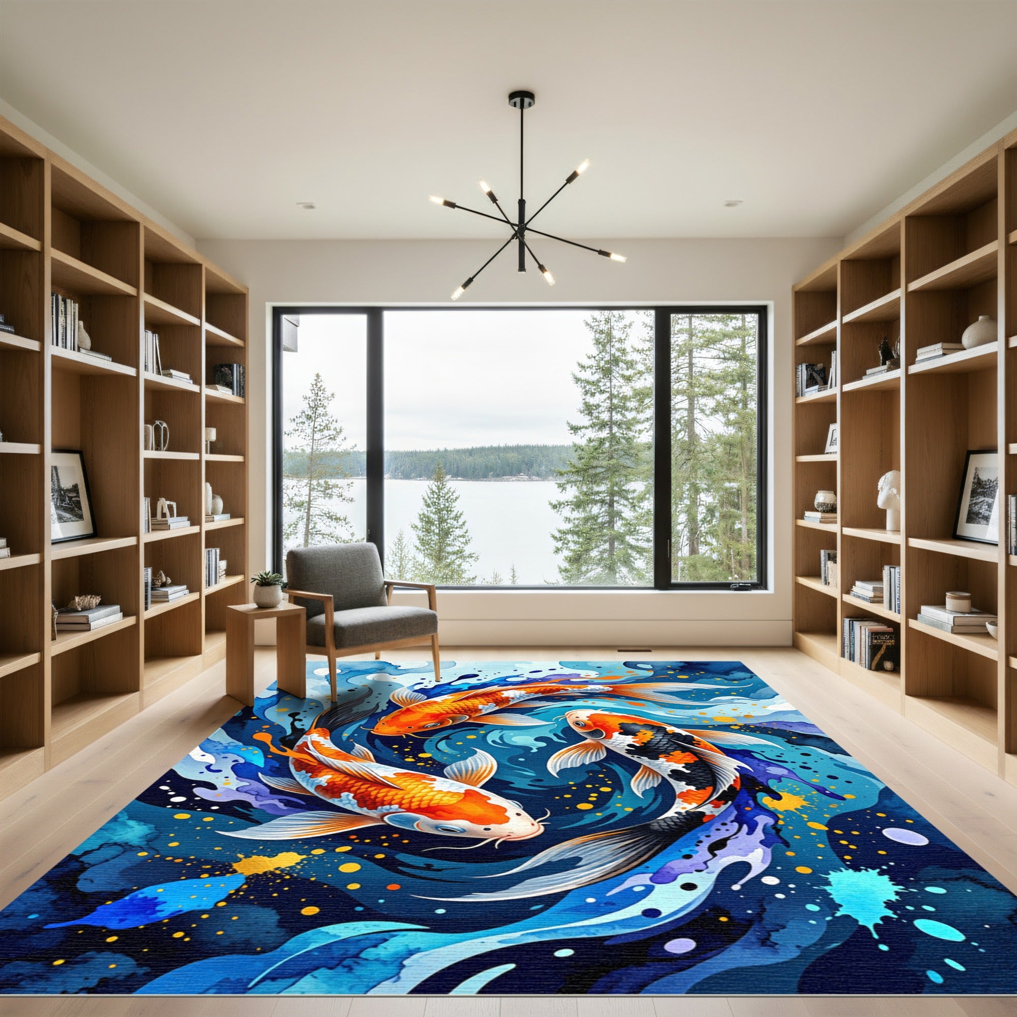 Abstract Koi Fish Blue Circular Movement Rug