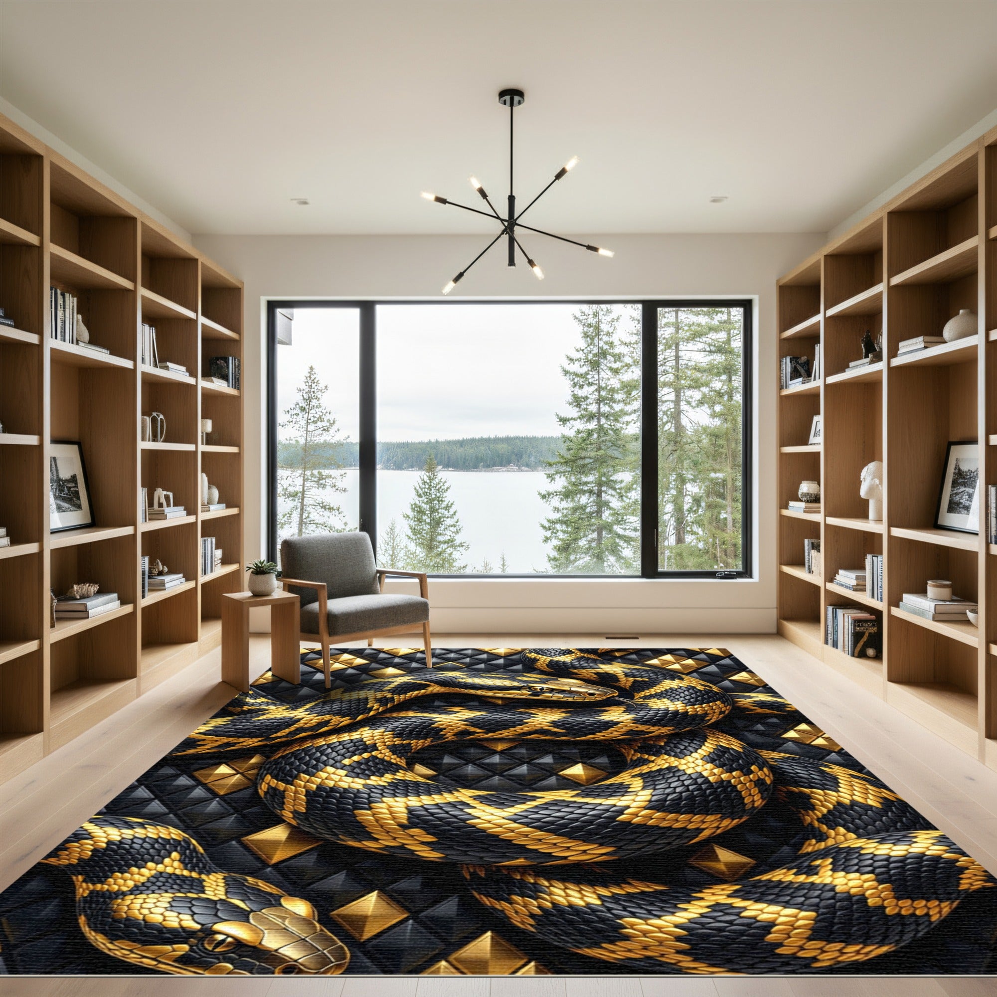 Golden Serpent Black Geometric Diamond Rug