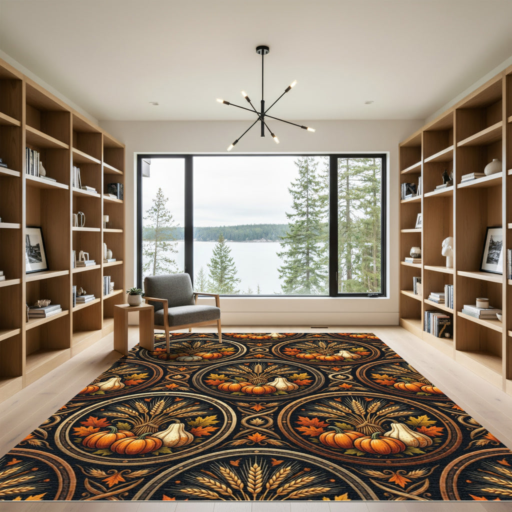 Autumn Harvest Wheat and Pumpkin Medallion Rug