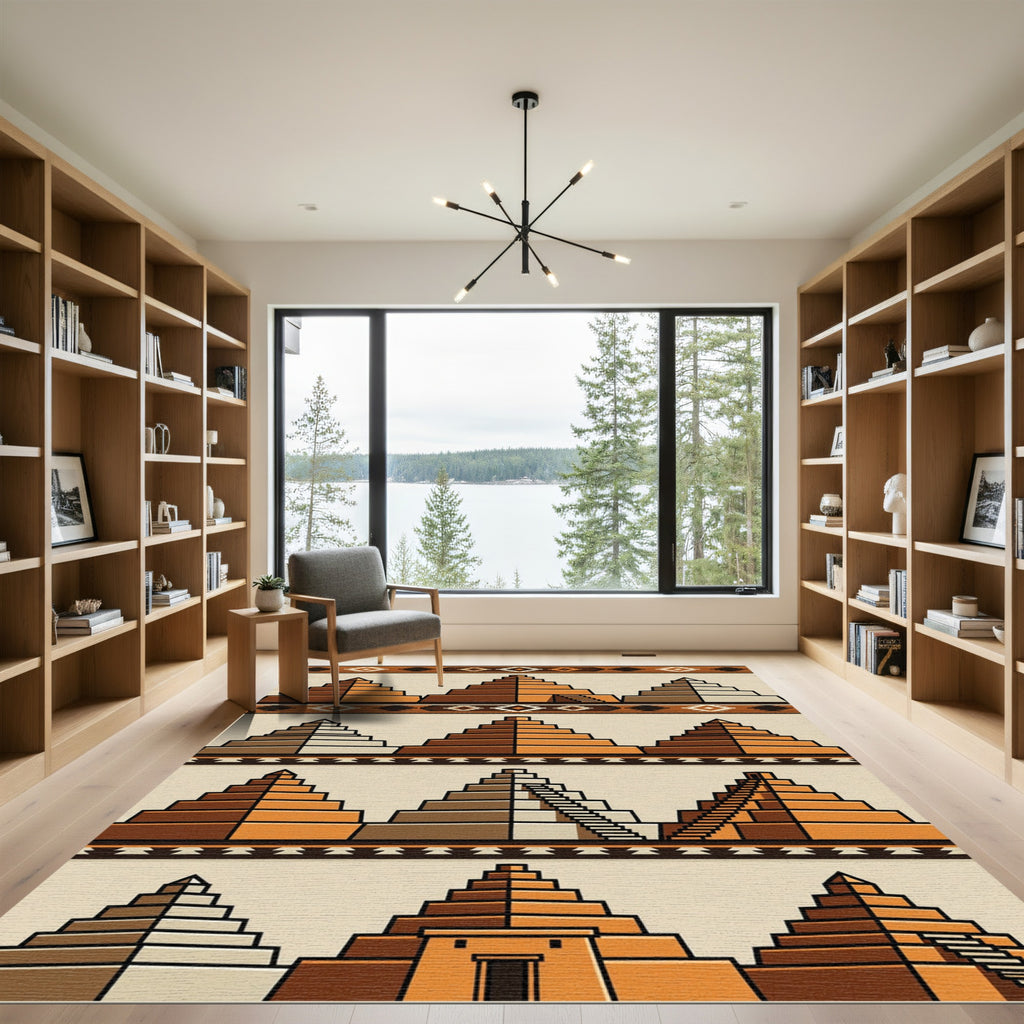 Earthy Aztec Step Pyramid Terracotta Art Rug