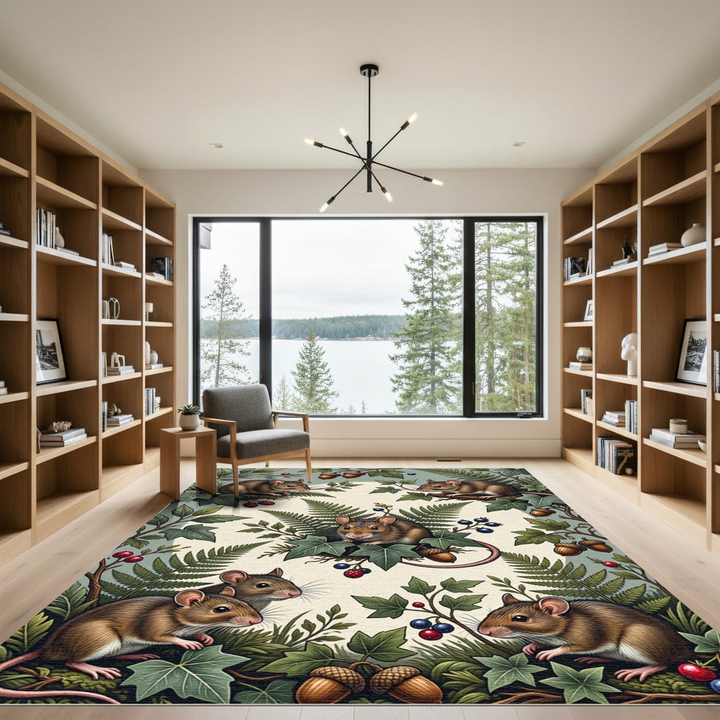 Whimsical Forest Mouse and Leafy Meadow Rug