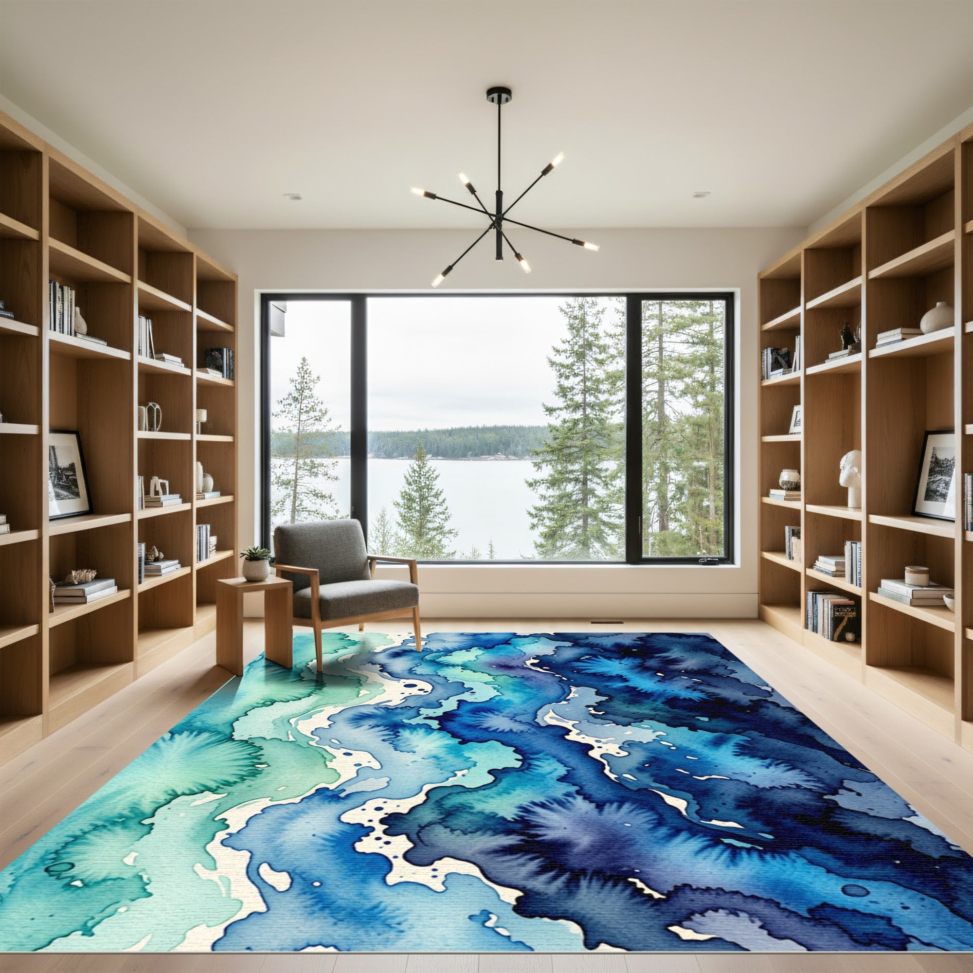 Oceanic Teal Blue Watercolor Waves Rug