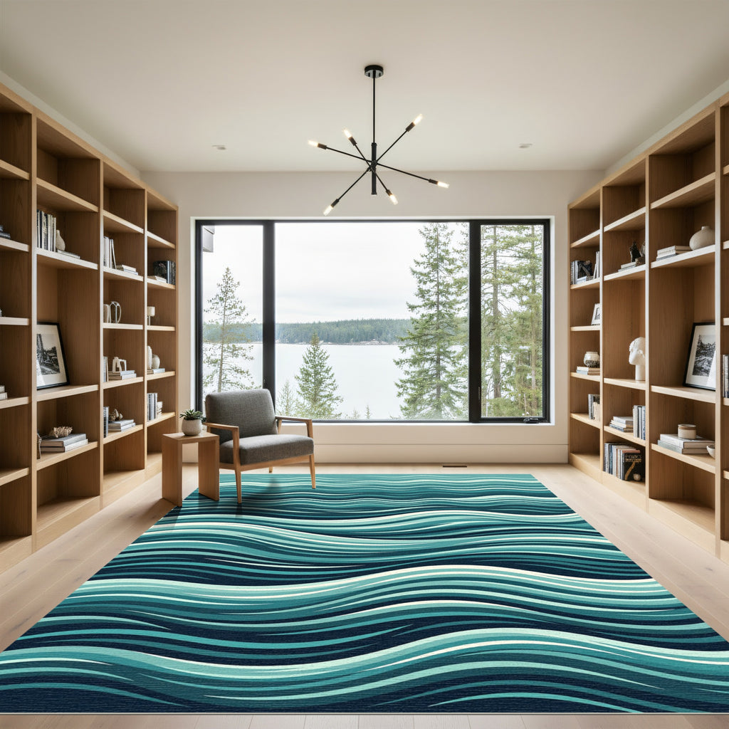 Coastal Teal Abstract Layered Wave Rug