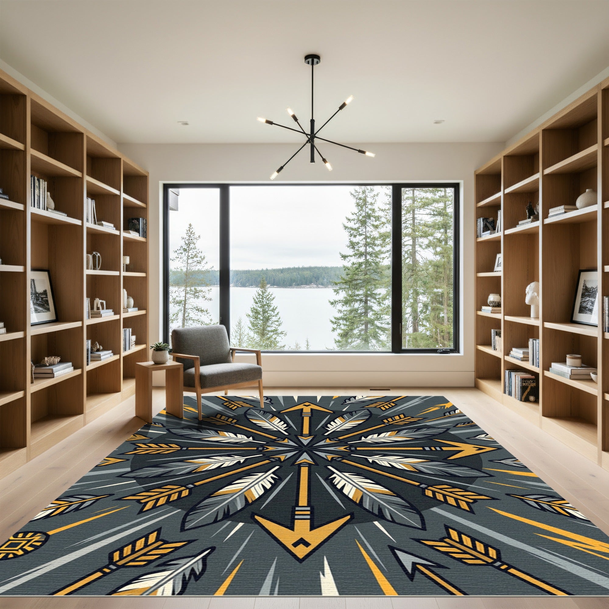Geometric Arrow Feather Gold Gray Medallion Rug