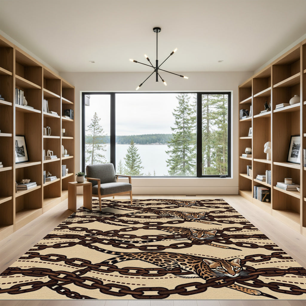 Ocelot and Bronze Chain Link Illustration Rug