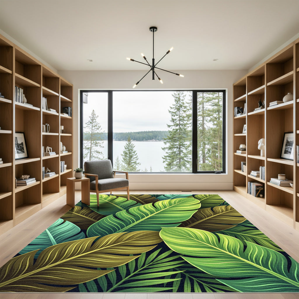 Lush Tropical Green Leafy Arrangement Rug