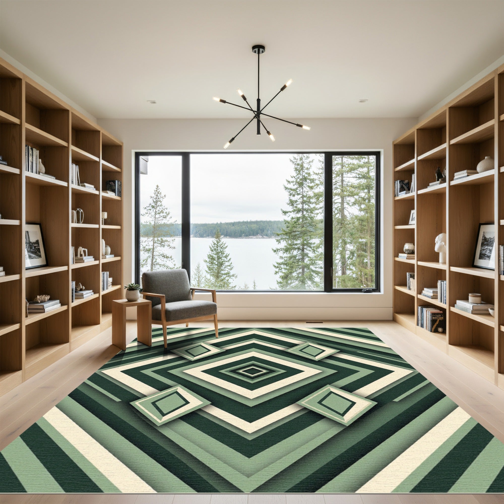 Sage Geometric Layered Diamond Maze Rug