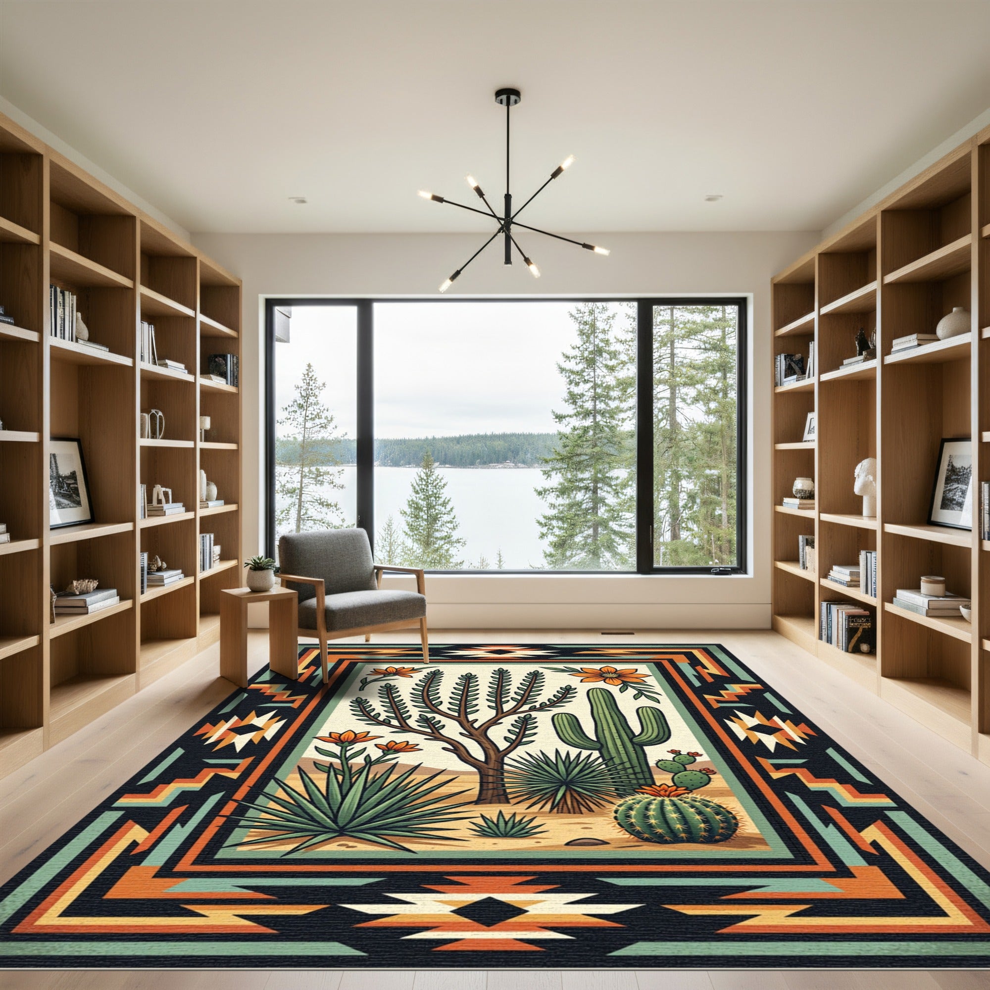 Southwestern Desert Cactus Geometric Border Rug