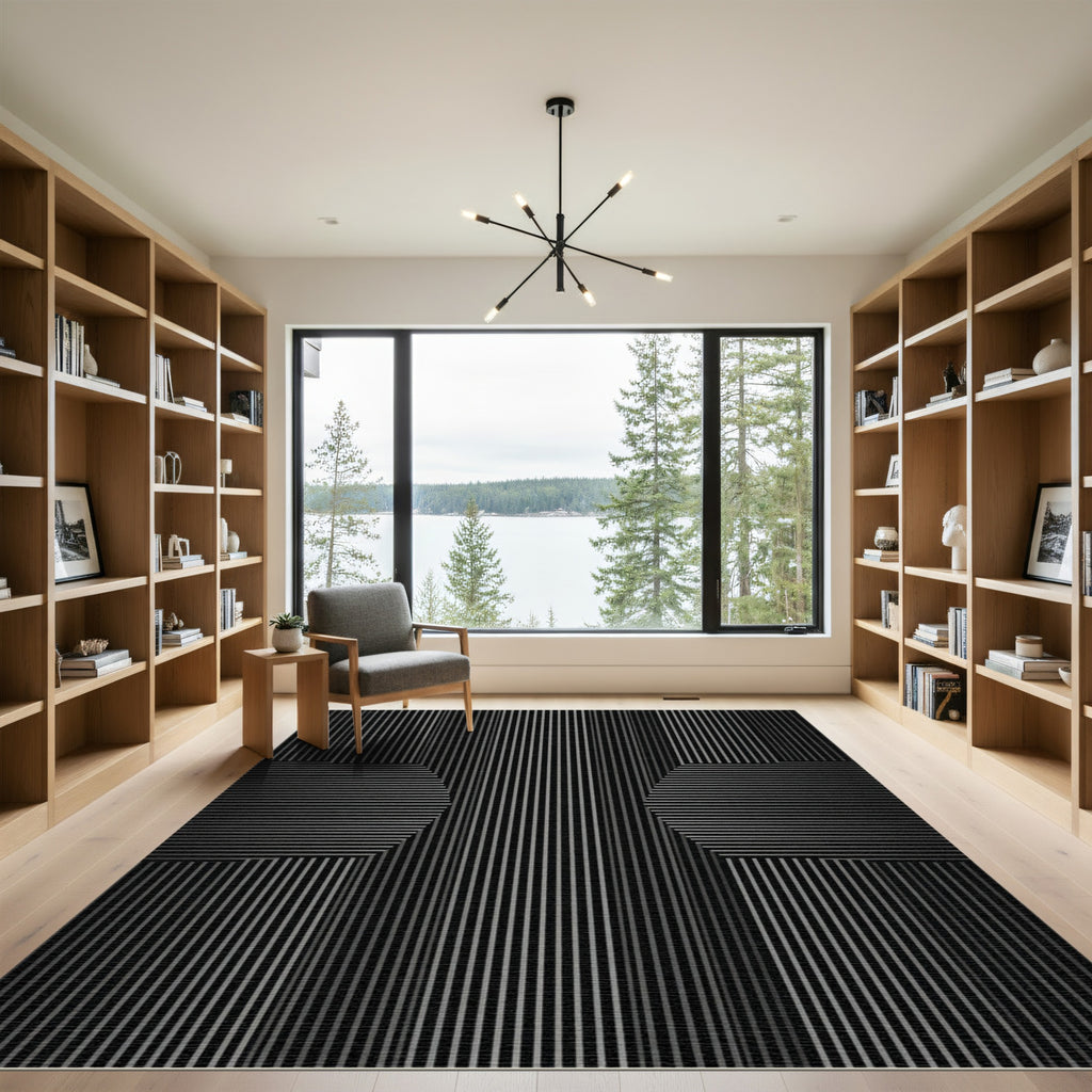 Monochrome Vertical Stripe Hexagon Illusion Rug