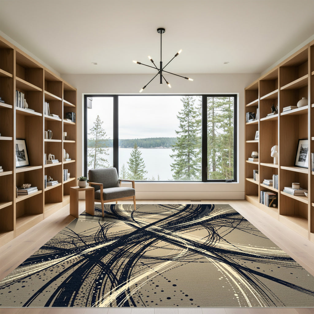Dynamic Black White Swirl Abstract Rug