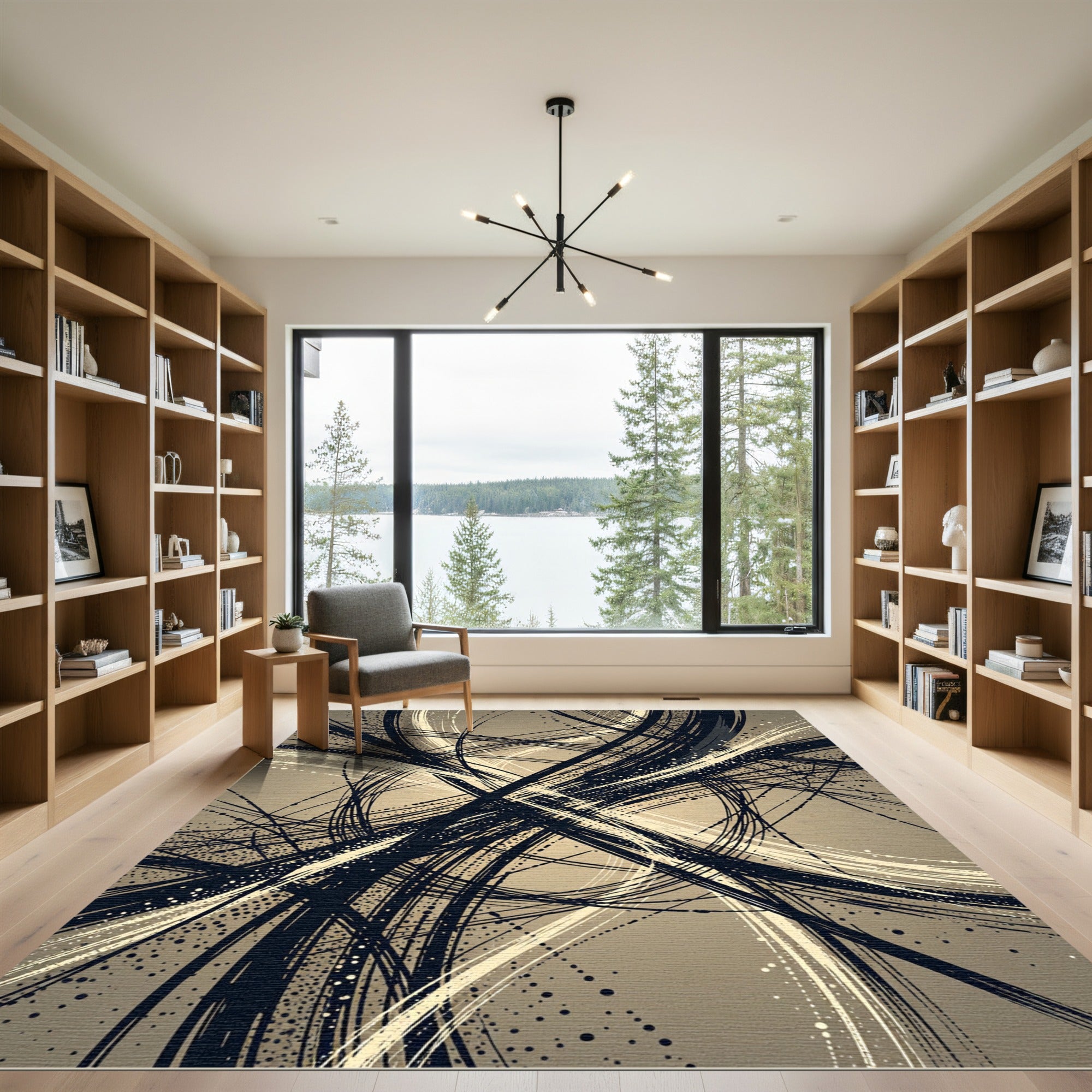 Dynamic Black White Swirl Abstract Rug
