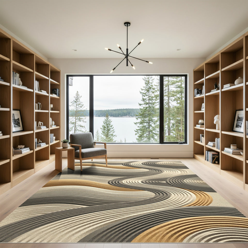 Neutral Sand Golden Abstract Wavy Lines Rug