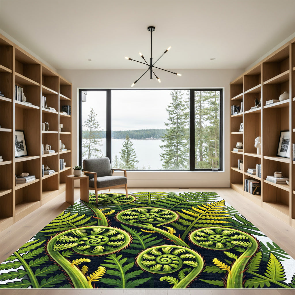 Lush Green Botanical Fern Fiddlehead Rug