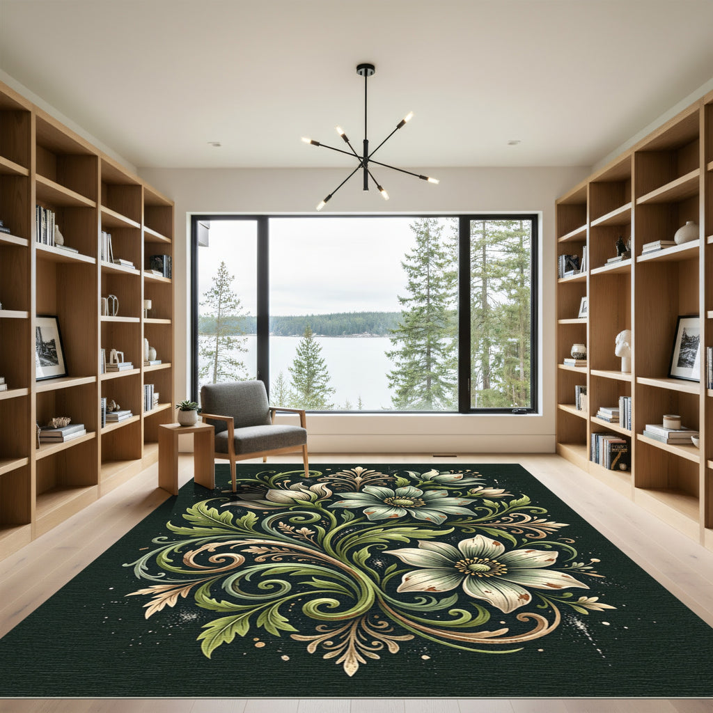 Earthy Sage Floral Scroll Botanical Rug