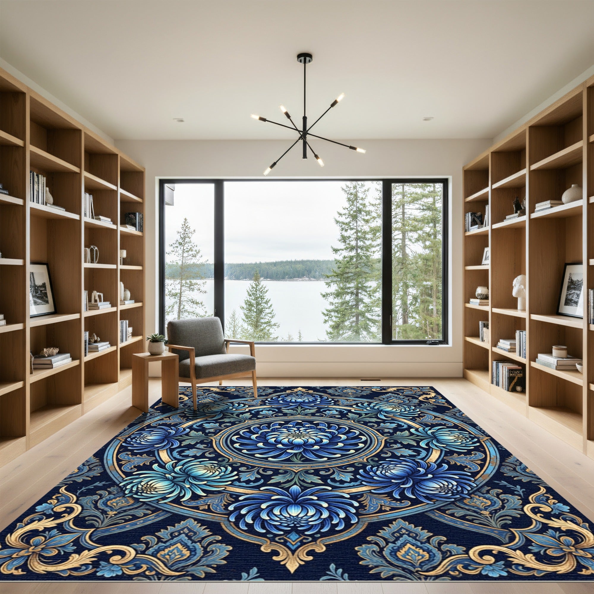 Midnight Blue Floral Medallion Scroll Rug