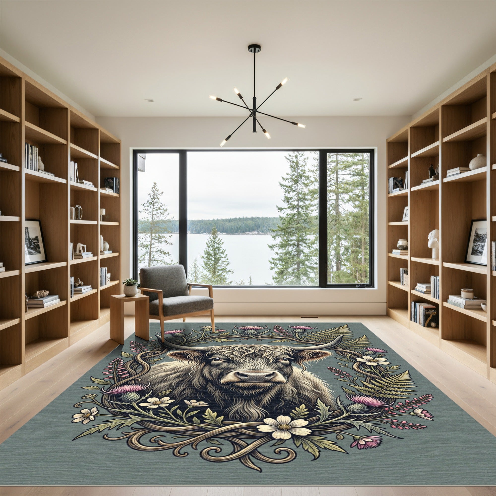 Highland Cow Floral Thistle Meadow Rug